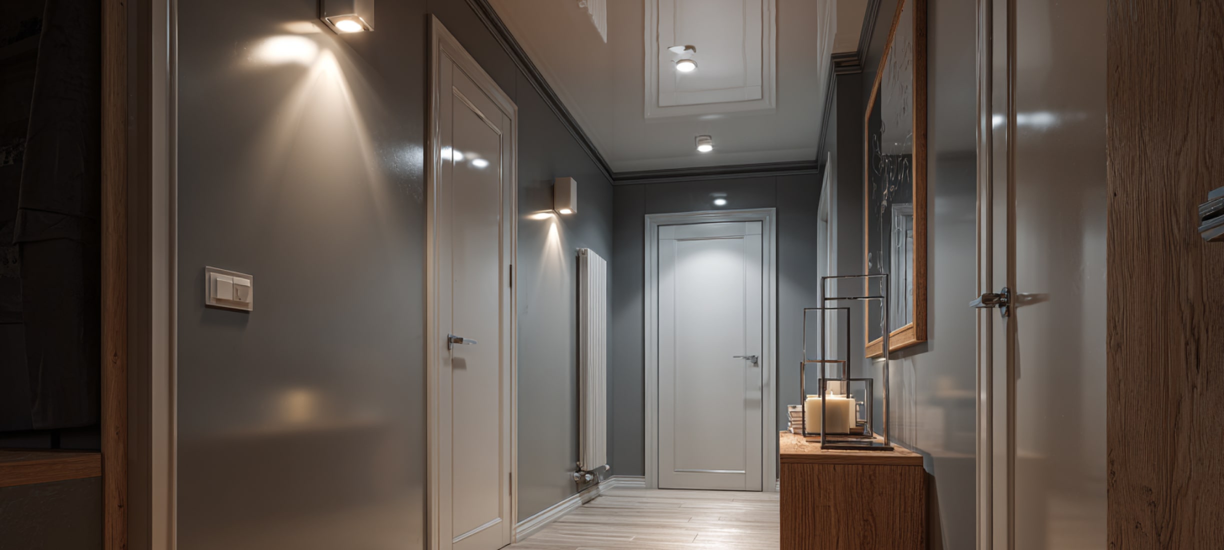 глянцевый натяжной потолок в коридоре с точечными светильниками