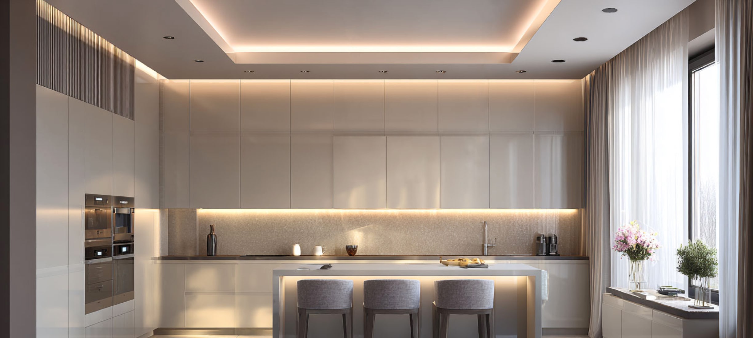 Белый парящий натяжной потолок на кухне