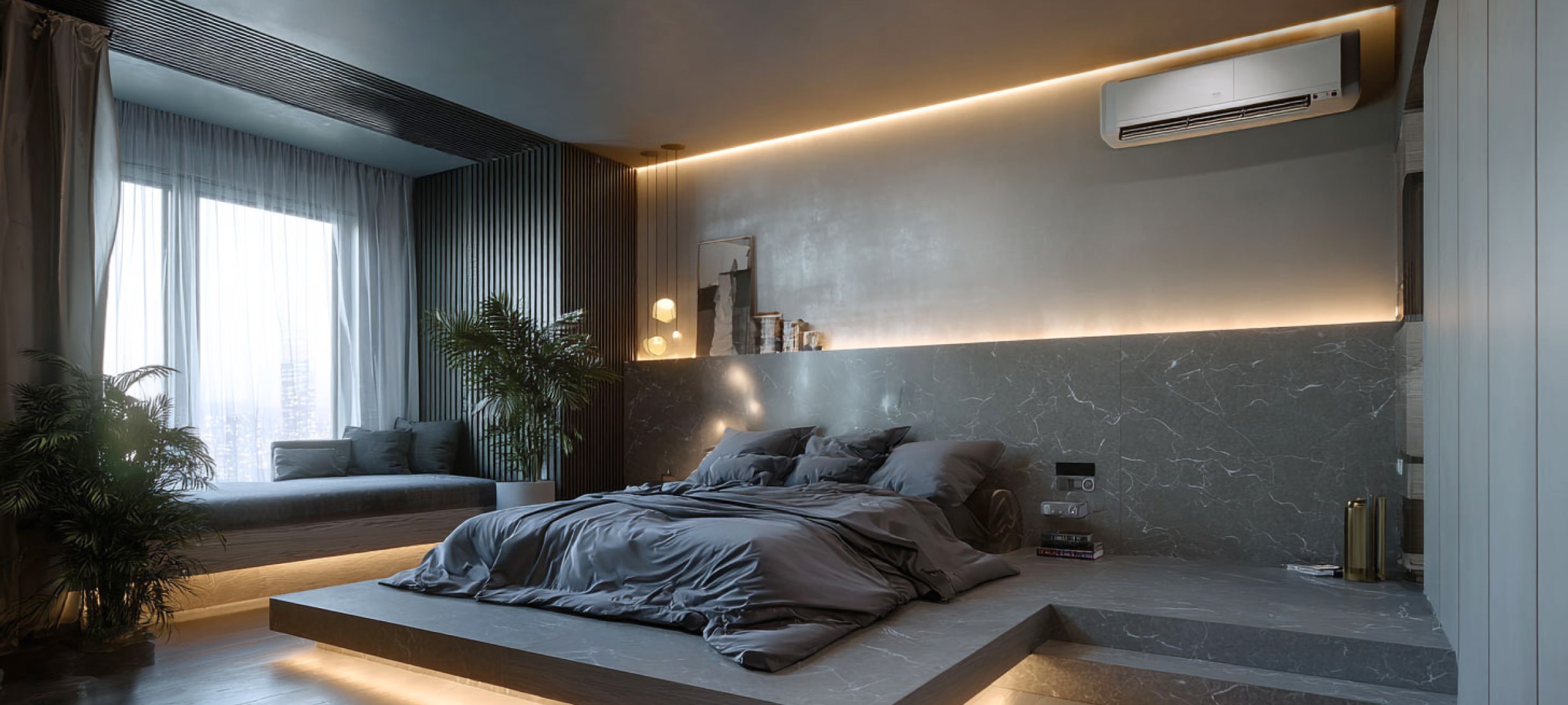 Парящий натяжной потолок в спальне