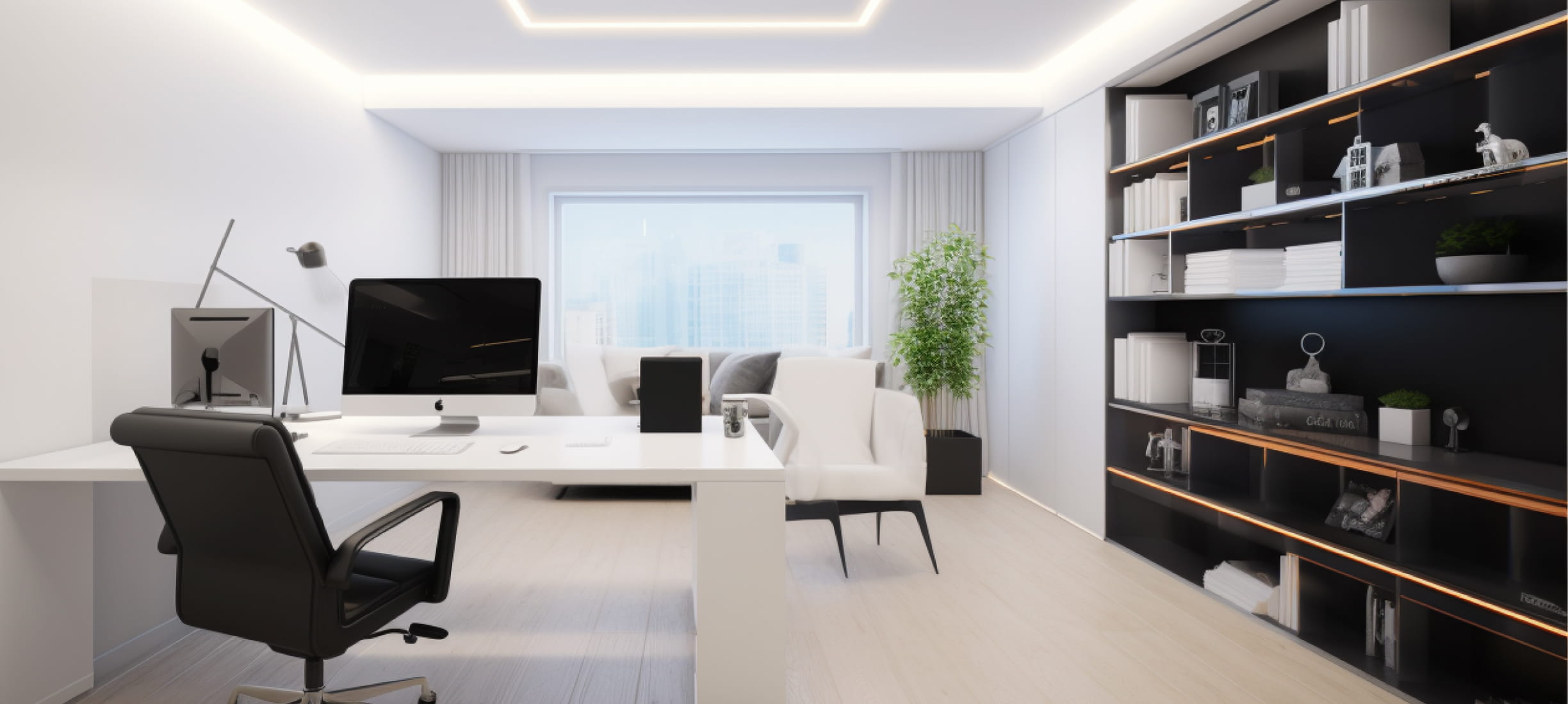 Двухуровневый парящий натяжной потолок в рабочем кабинете