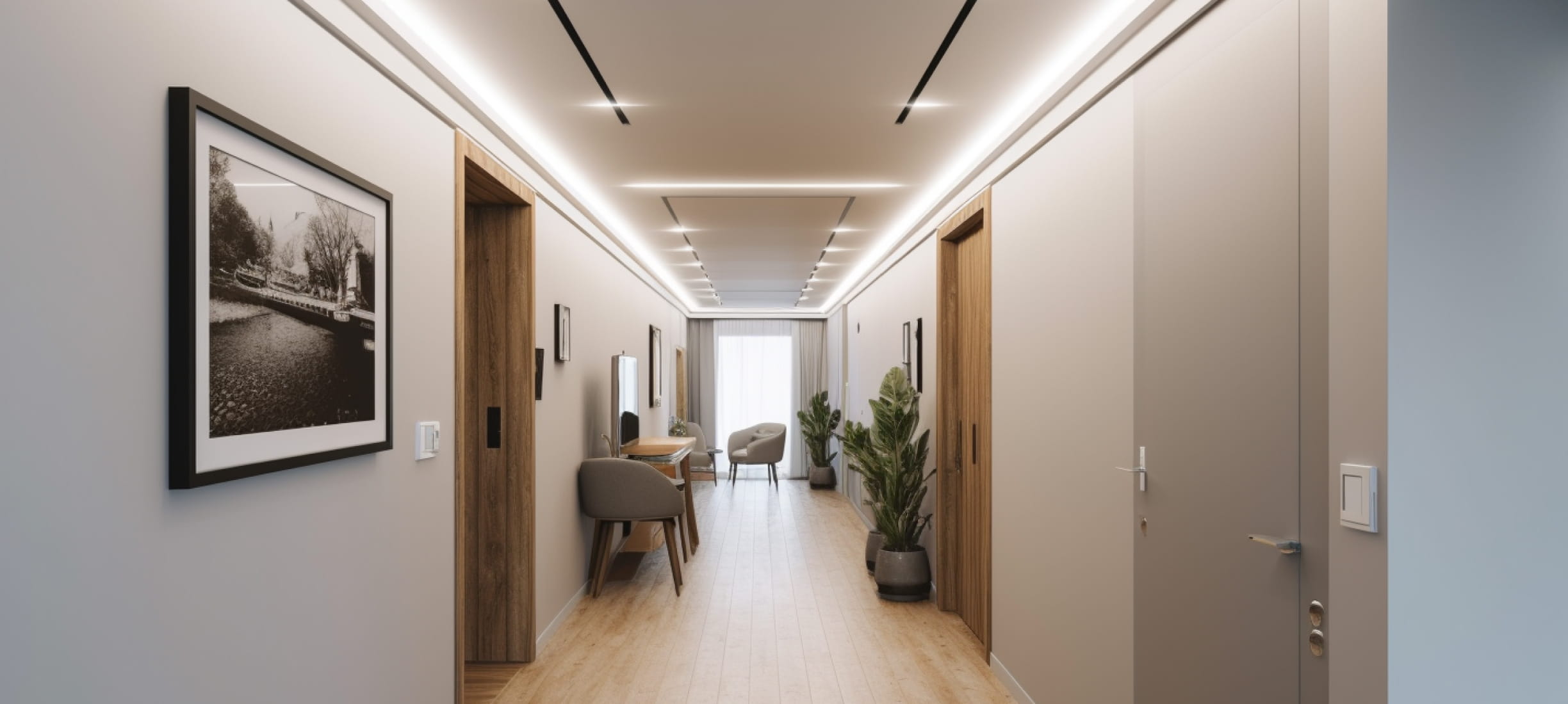 Одноуровневый парящий натяжной потолок в коридоре