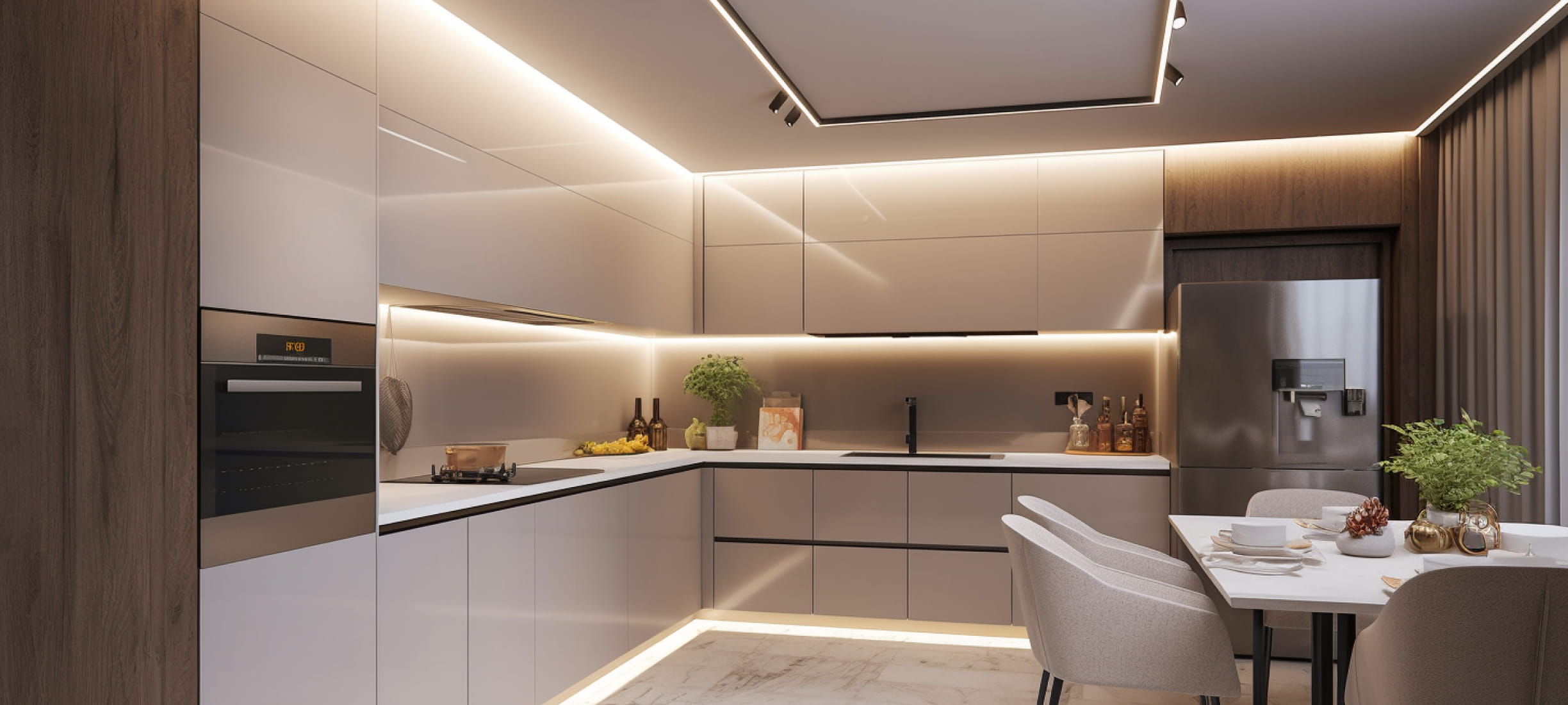 Одноуровневый парящий натяжной потолок с нишей на кухне