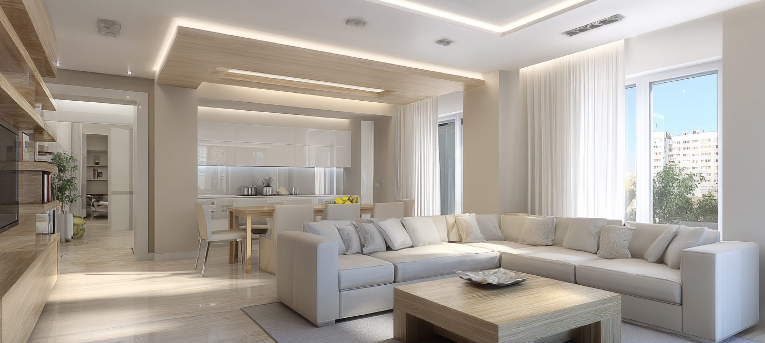 Парящий потолок сложной формы в комнате и коридоре