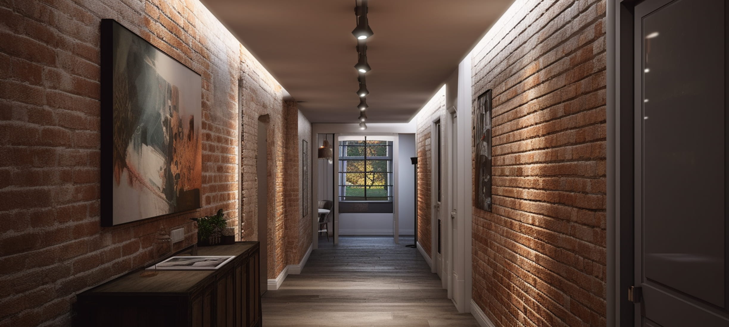 Парящий натяжной потолок с трековым освещением в коридоре лофт