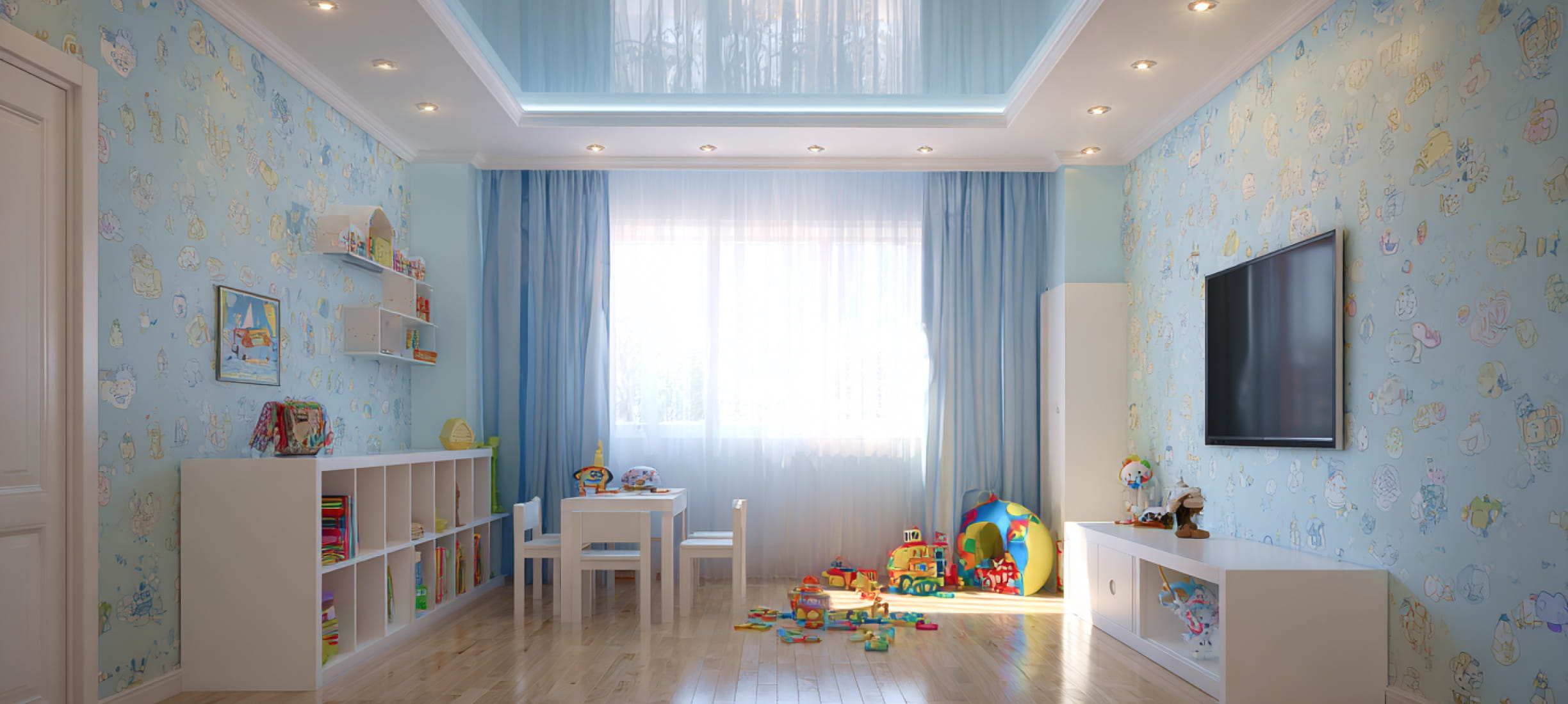 Парящий натяжной потолок с точечными светильниками в детской