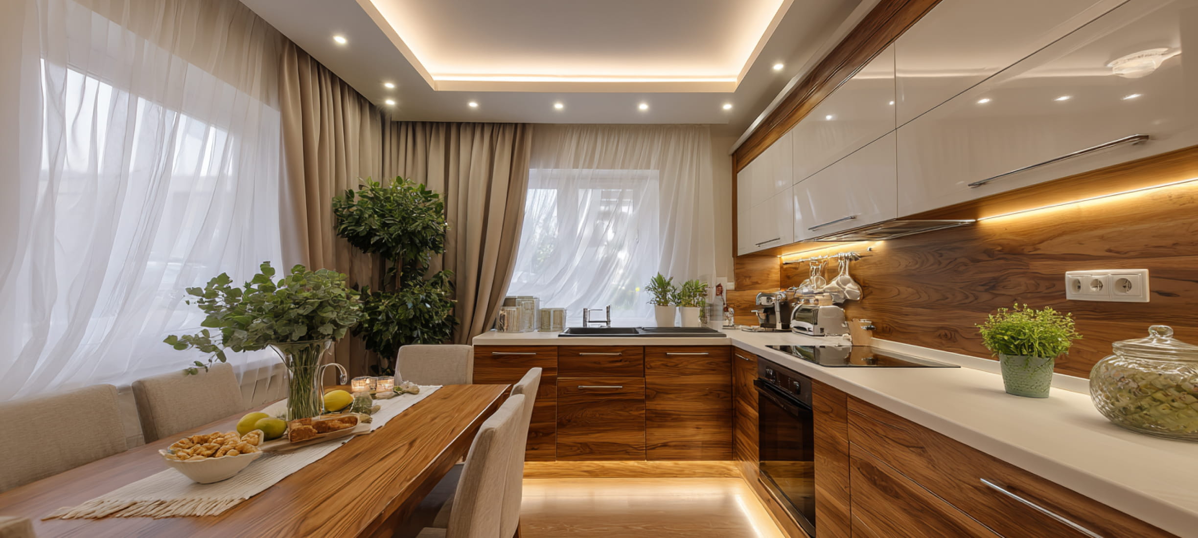 Парящий натяжной потолок с подсветкой на кухне