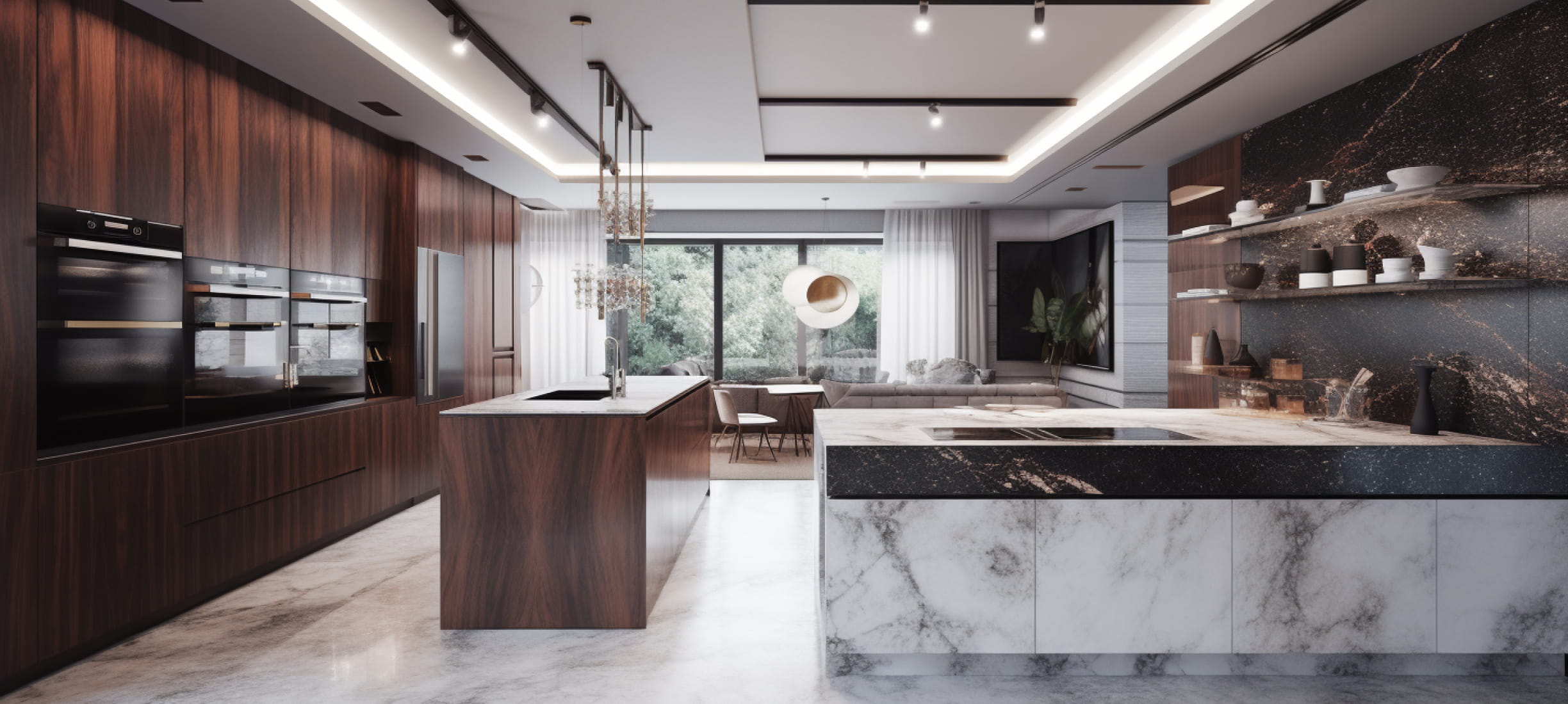 Парящий натяжной потолок с трековым освещением для кухни