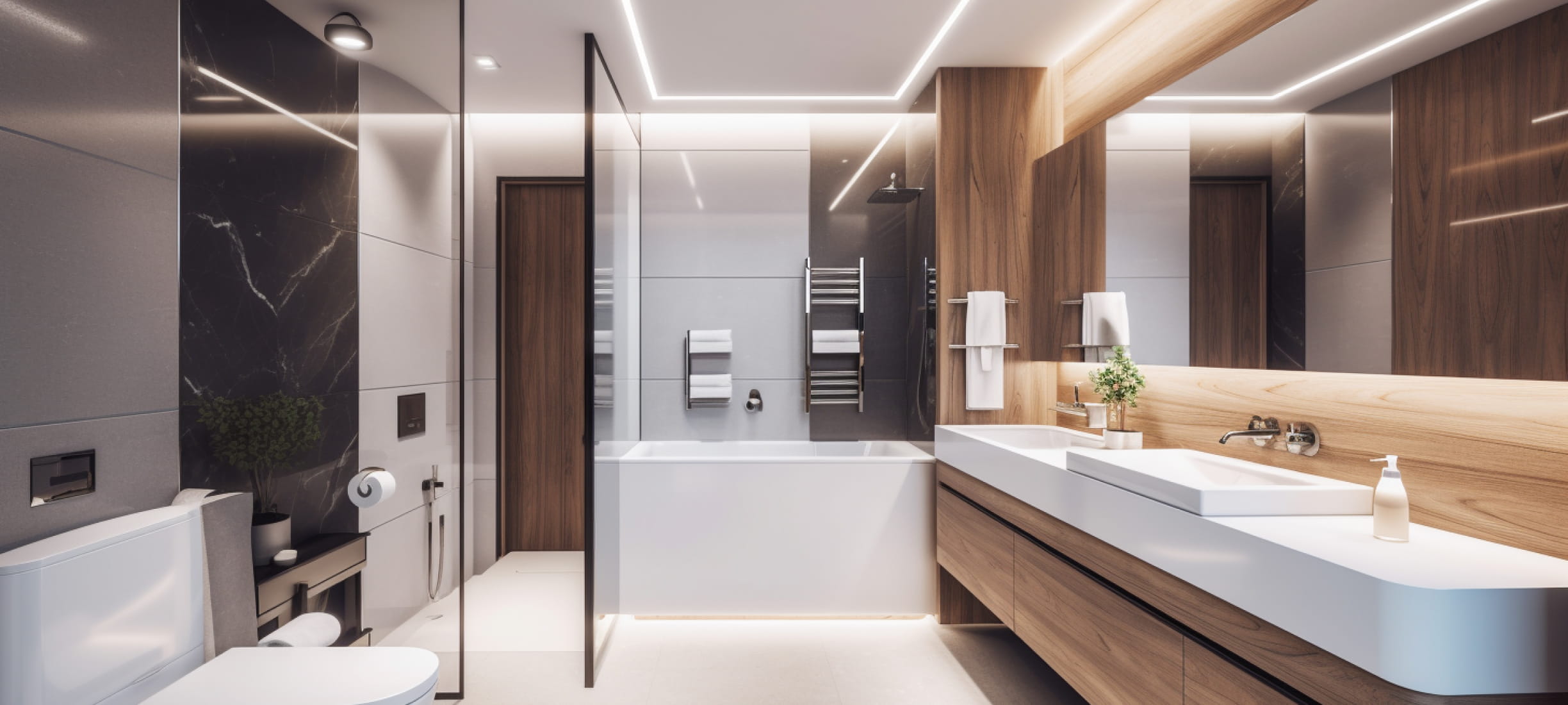 Парящий натяжной потолок в ванной комнате