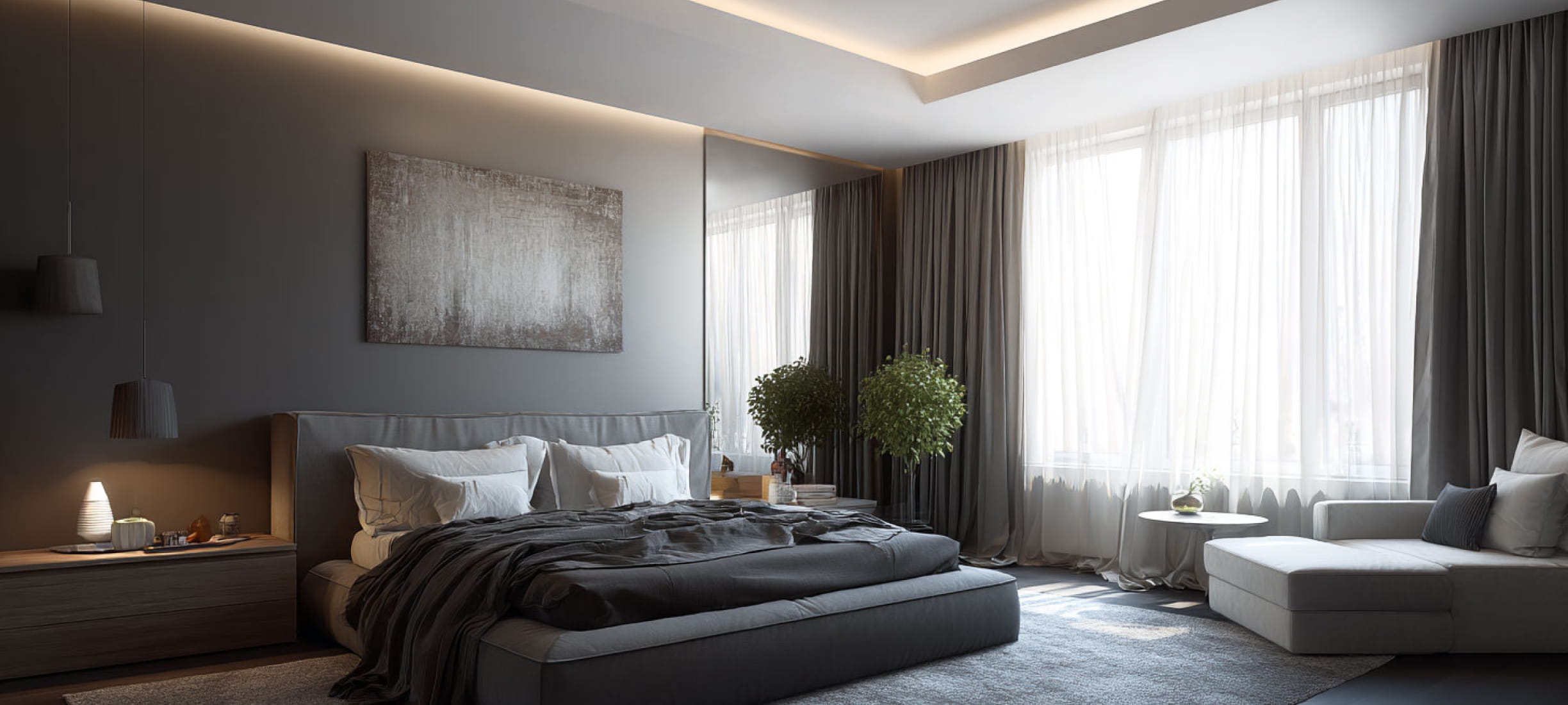 Парящий натяжной потолок с нишей в спальне