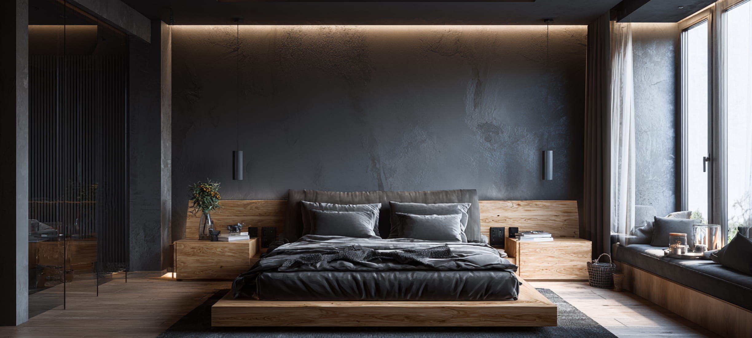 Тёмный парящий потолок в спальне