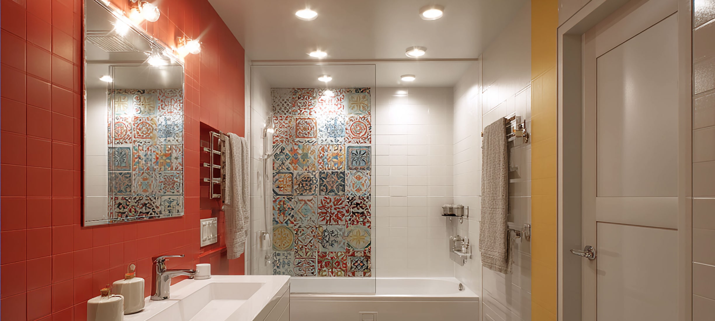 Санузел с натяжными потолками и точечным освещением