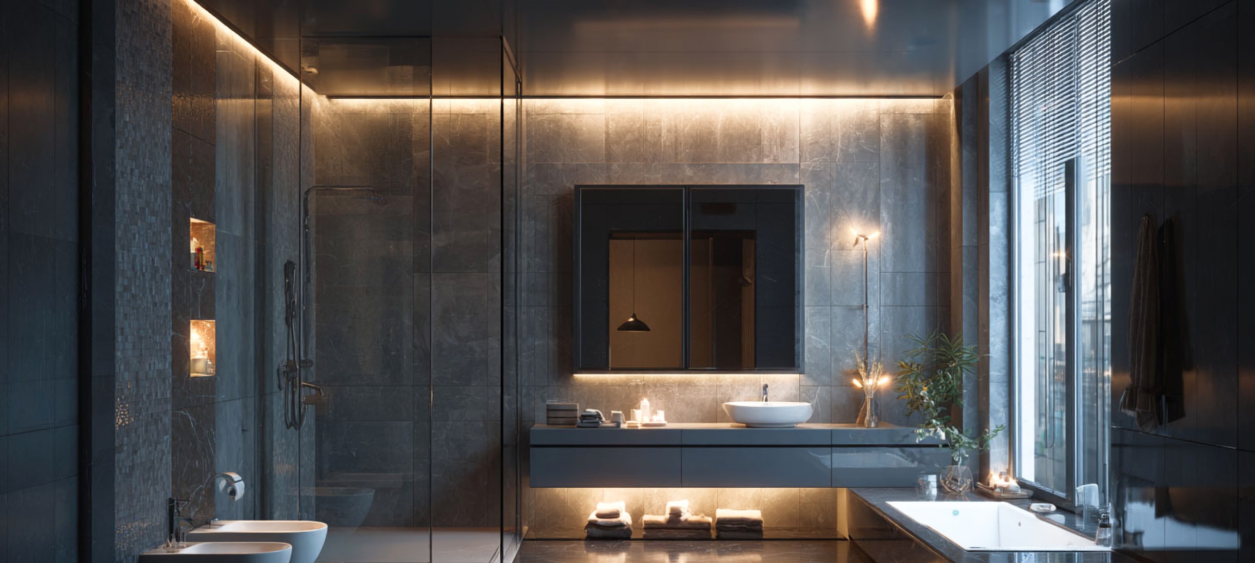 Тёмный натяжной потолок в ванной комнате