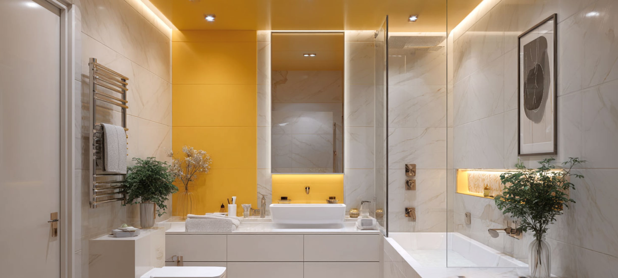 Жёлтый натяжной потолок в санузле