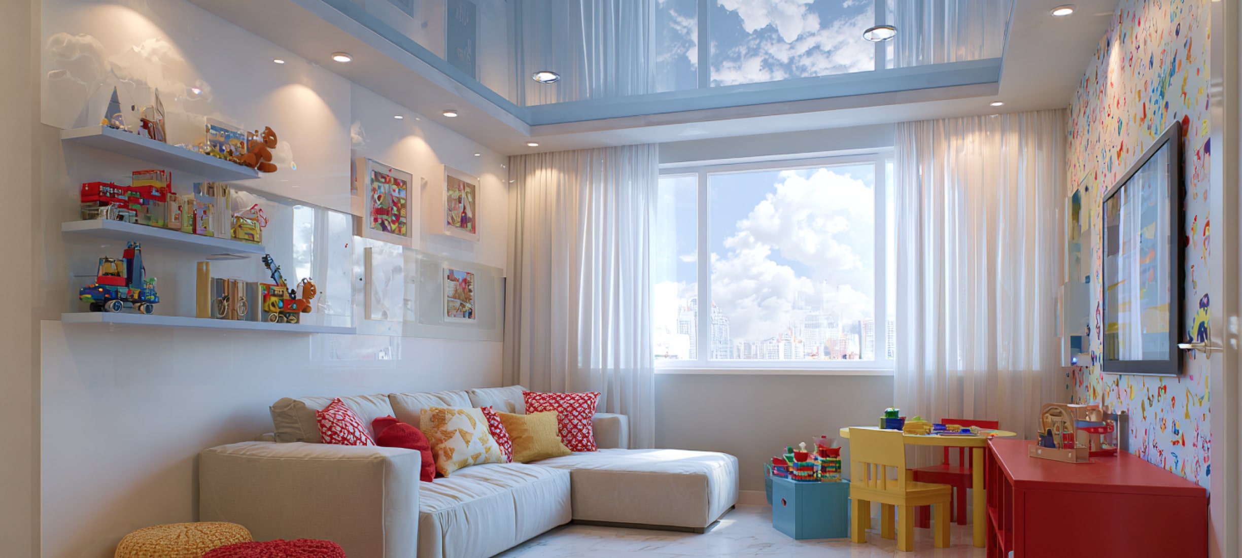 Голубой глянцевый потолок в детской комнате