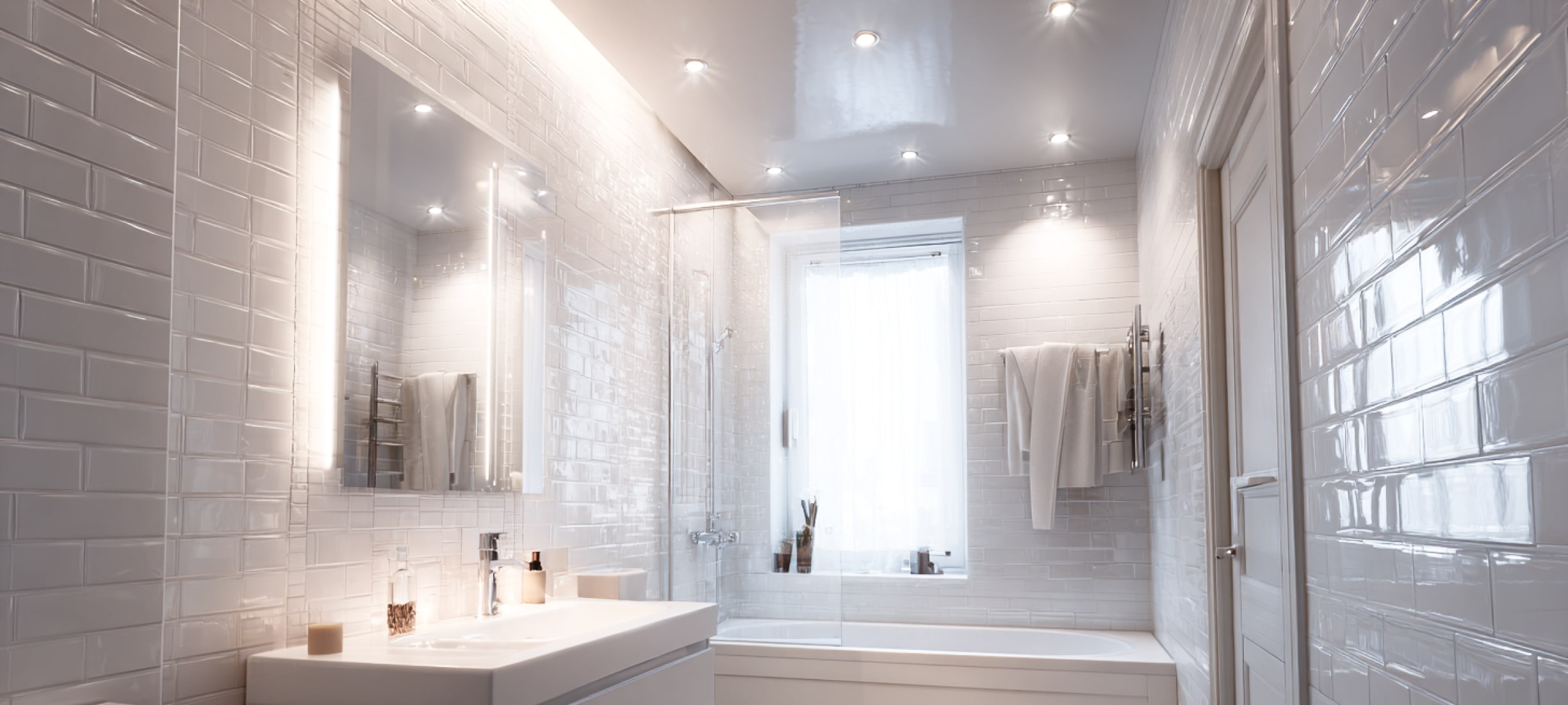 Глянцевый натяжной потолок в ванной комнате